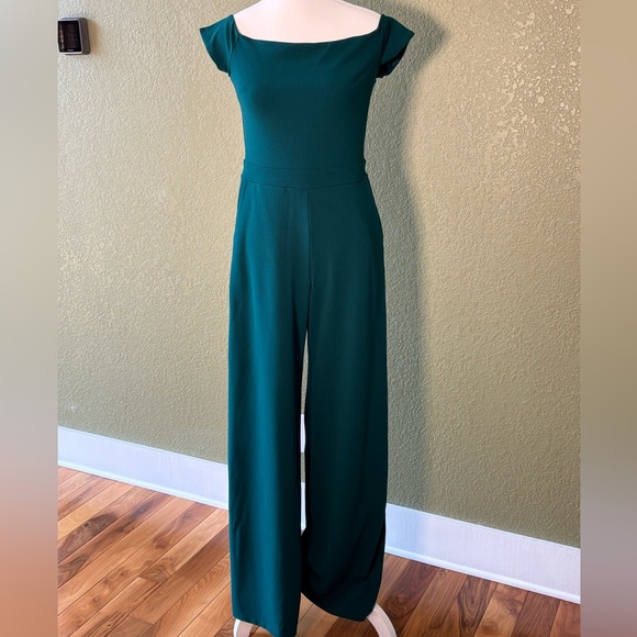 EXPRESS DEEP TEAL OFF THE SHOULDER WIDE LEG JUMPSUIT W/ POCKETS Small - Picture 3 of 4